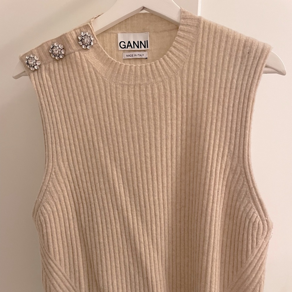 Ganni Cream Sleeveless Sweater with Embellished Buttons